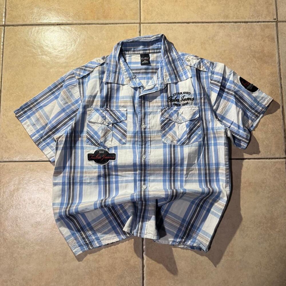 Vintage y2k fubu blue white plaid button up Tee Size S in Mens